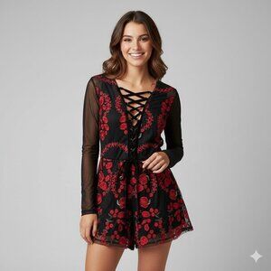 A'GACI Black Romper – M – Gothic, Lace-Up, Sexy Festival Look Velvet Whimsigoth